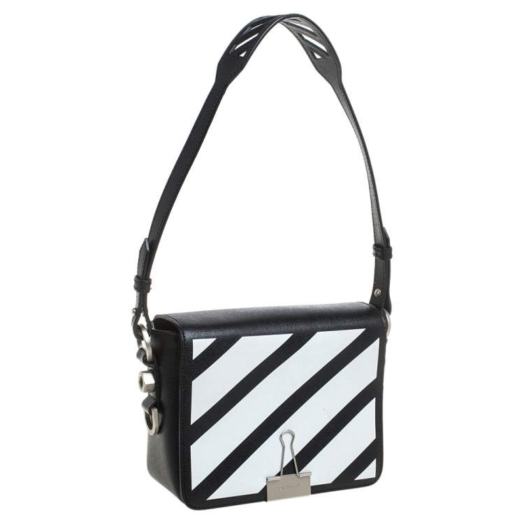 Pre Owned Off-White Black/White Diagonal Print Leather Binder Clip Crossbody Bag