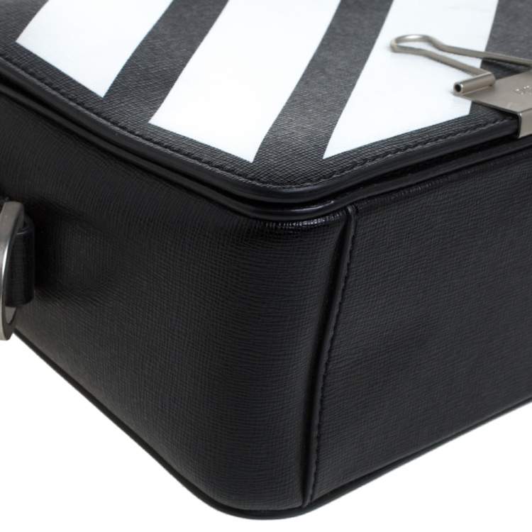 Pre Owned Off-White Black/White Diagonal Print Leather Binder Clip Crossbody Bag