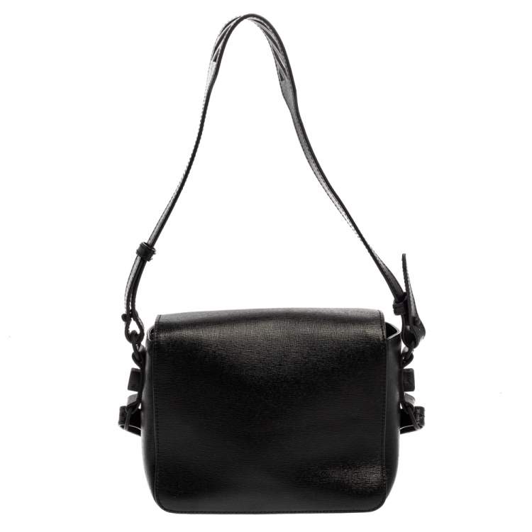 Pre Owned Off-White Black Diagonal Print Leather Binder Clip Crossbody Bag