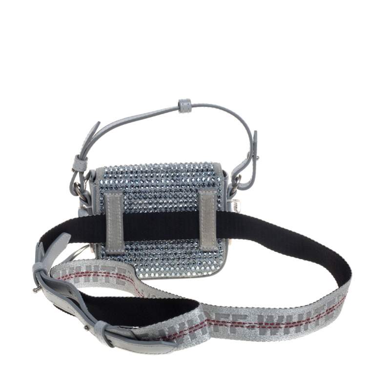 Pre Owned Off-White Ash Blue Crystal Embellishment Leather and Suede Baby Binder Flap Bag
