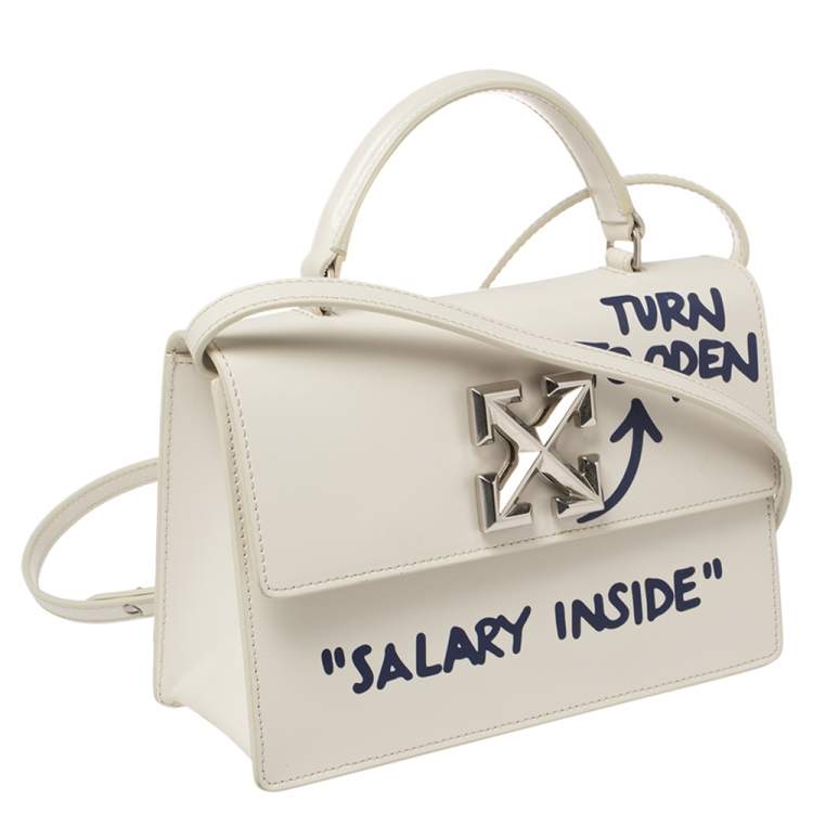 Pre Owned OFF-WHITE White Leather 1.4 Jitney Quote Bag "SALARY INSIDE" Top  Handle Bag