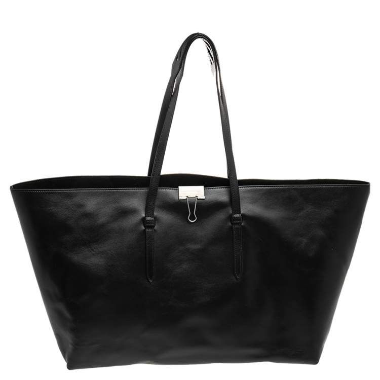 Pre Owned Off-White Black Leather Clip Motif Tote