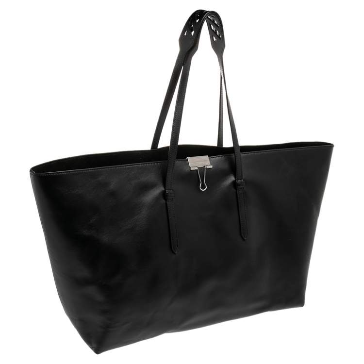 Pre Owned Off-White Black Leather Clip Motif Tote
