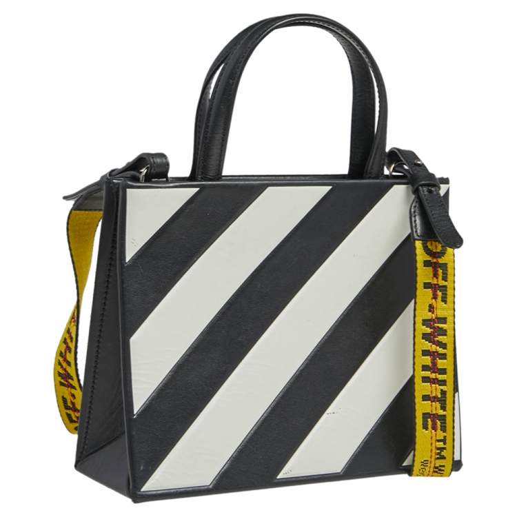 Pre Owned Off-White Black/White Diagonal Striped Leather Tote