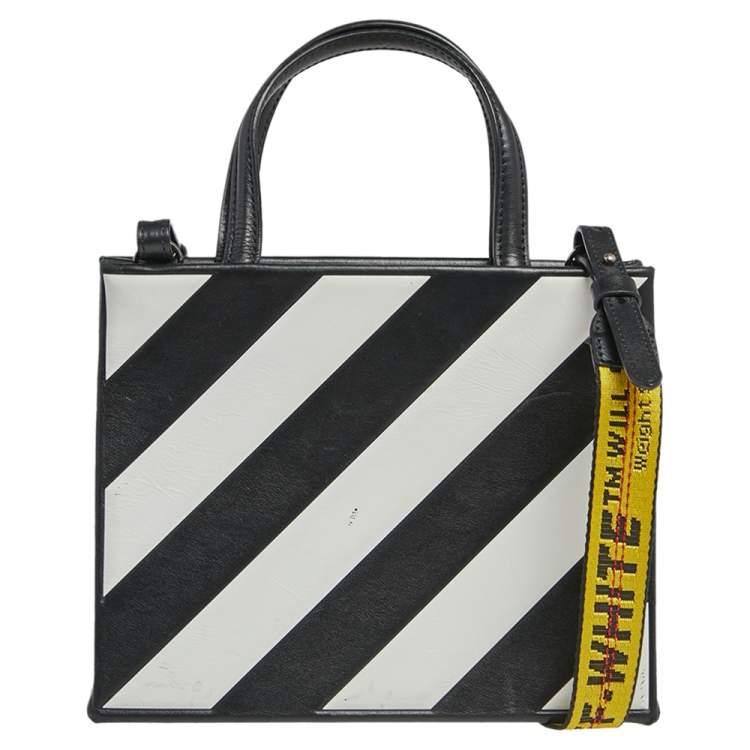 Pre Owned Off-White Black/White Diagonal Striped Leather Tote