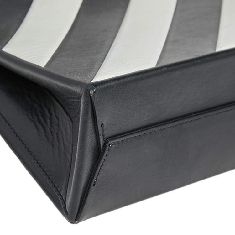 Pre Owned Off-White Black/White Diagonal Striped Leather Tote