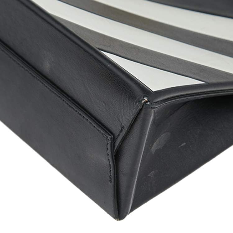 Pre Owned Off-White Black/White Diagonal Striped Leather Tote