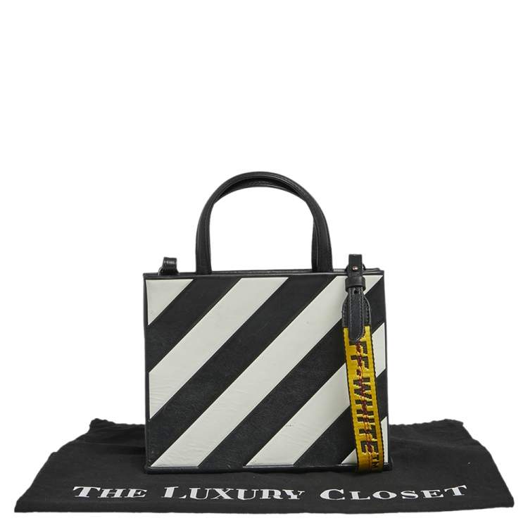 Pre Owned Off-White Black/White Diagonal Striped Leather Tote