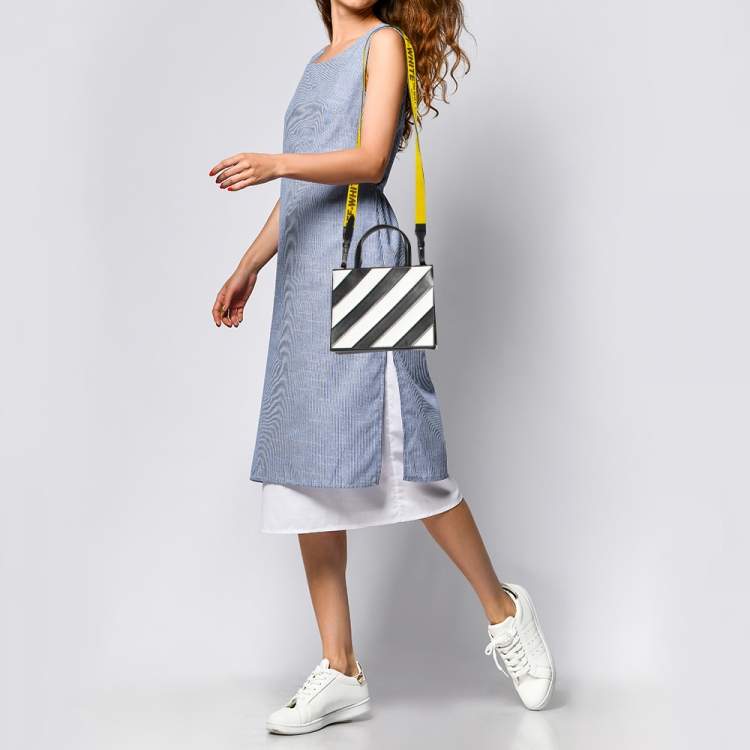 Pre Owned Off-White Black/White Diagonal Striped Leather Tote