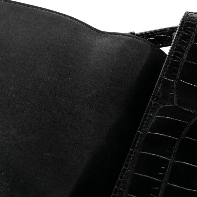 Pre Owned Off-White Black Crocodile Embossed Leather Binder Clip Shoulder Bag