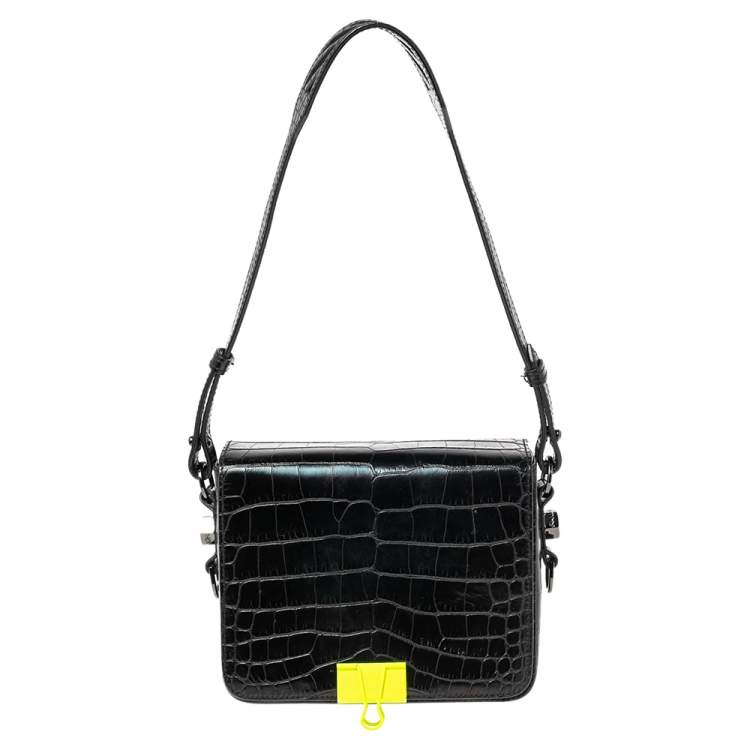 Pre Owned Off-White Black Crocodile Embossed Leather Binder Clip Shoulder Bag
