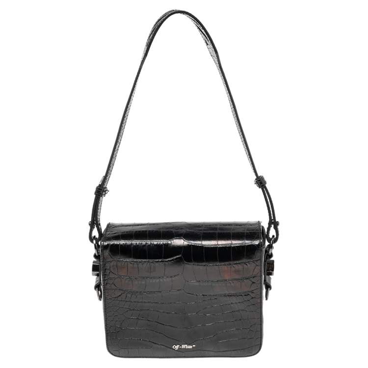 Pre Owned Off-White Black Crocodile Embossed Leather Binder Clip Shoulder Bag