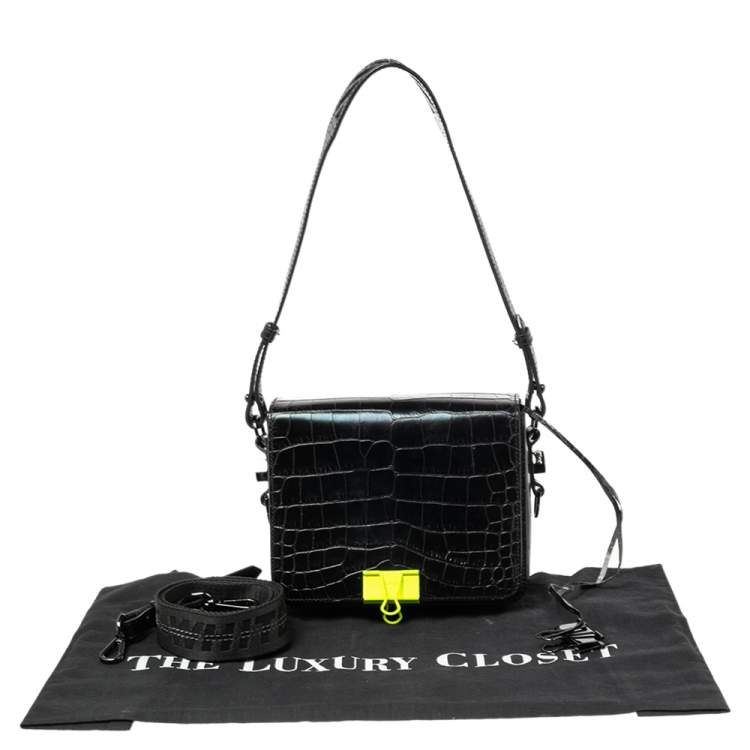 Pre Owned Off-White Black Crocodile Embossed Leather Binder Clip Shoulder Bag