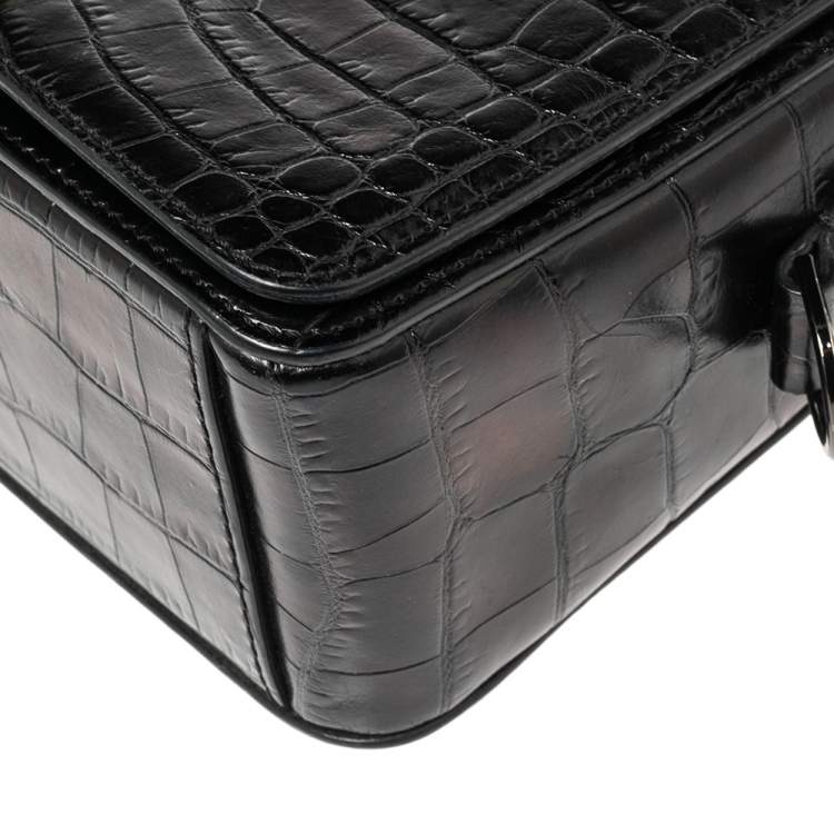 Pre Owned Off-White Black Crocodile Embossed Leather Binder Clip Shoulder Bag