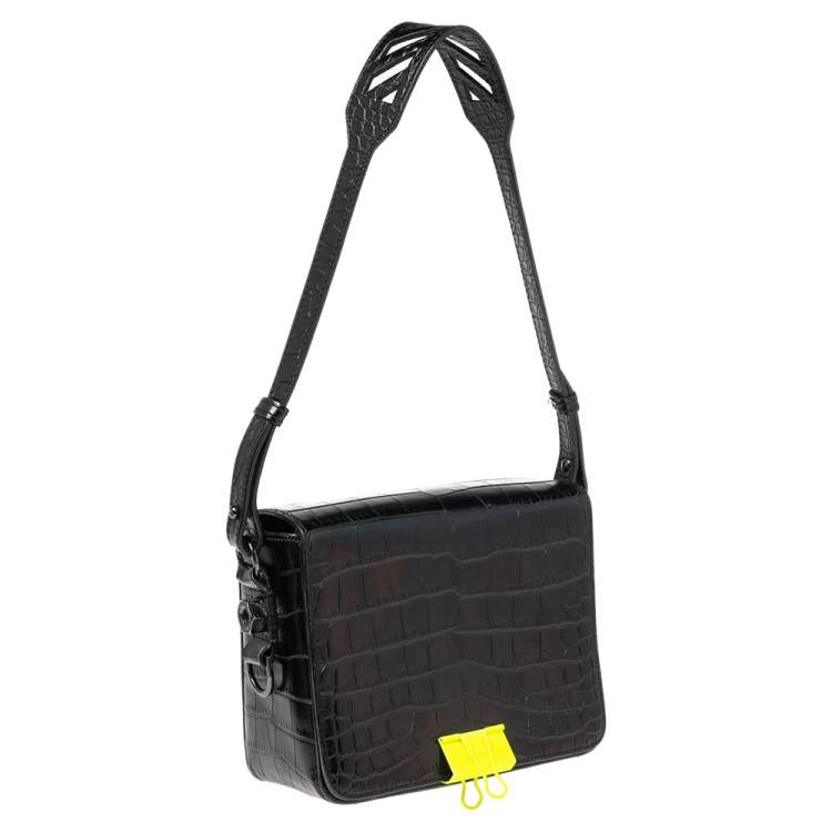 Pre Owned Off-White Black Crocodile Embossed Leather Binder Clip Shoulder Bag