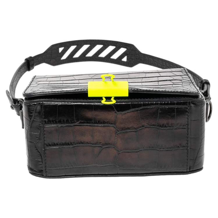 Pre Owned Off-White Black Crocodile Embossed Leather Binder Clip Shoulder Bag