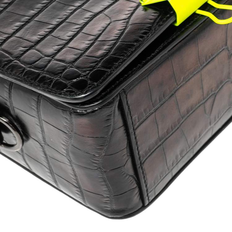 Pre Owned Off-White Black Crocodile Embossed Leather Binder Clip Shoulder Bag