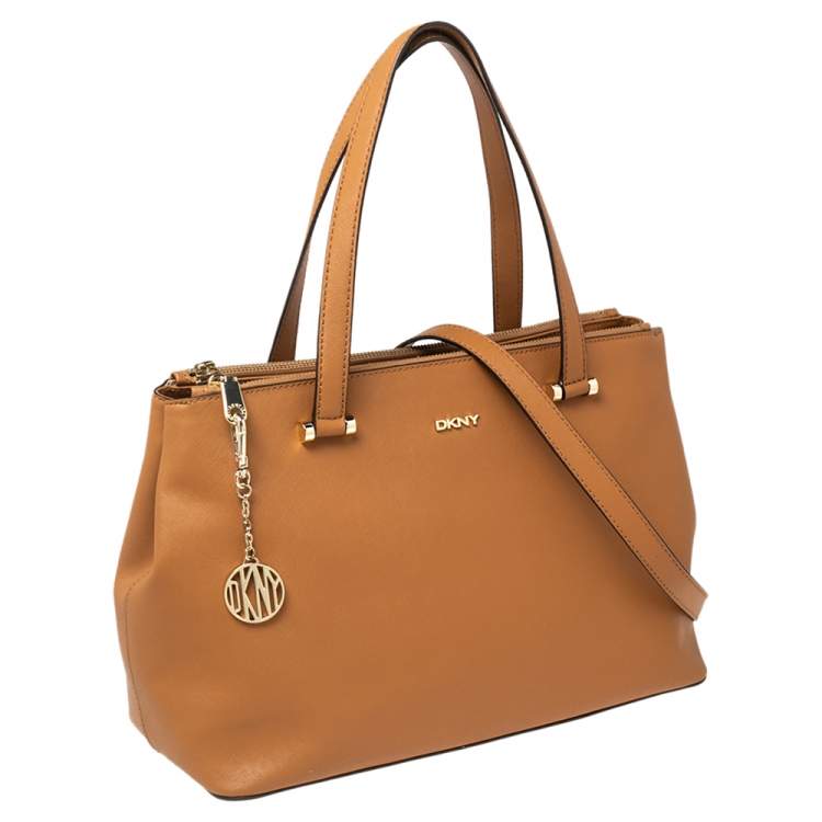 Pre Owned DKNY Tan Saffiano Leather Double Zip Tote