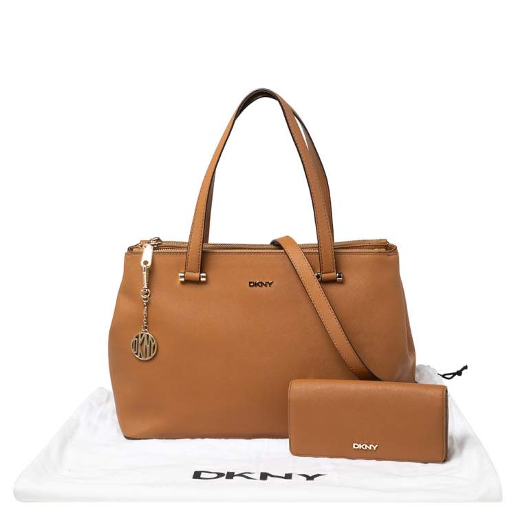 Pre Owned DKNY Tan Saffiano Leather Double Zip Tote