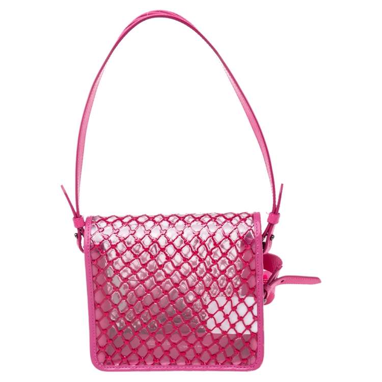 Pre Owned Off-White Transparent/Pink PVC and Leather Binder Clip Flap Shoulder Bag