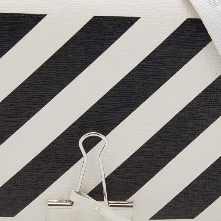 Pre Owned Off-White Black/White Diagonal Print Leather Mini Binder Clip Crossbody Bag
