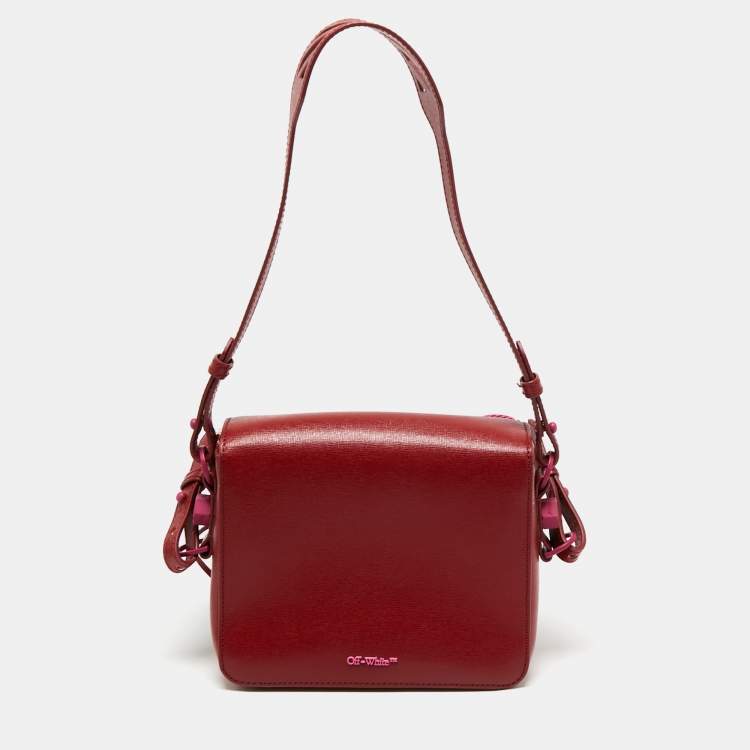 Pre Owned Off-White Red/Pink Diagonal Striped Leather Flap Crossbody Bag