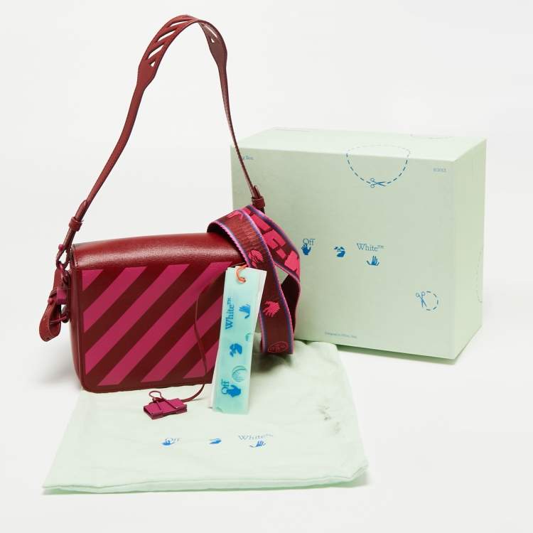 Pre Owned Off-White Red/Pink Diagonal Striped Leather Flap Crossbody Bag