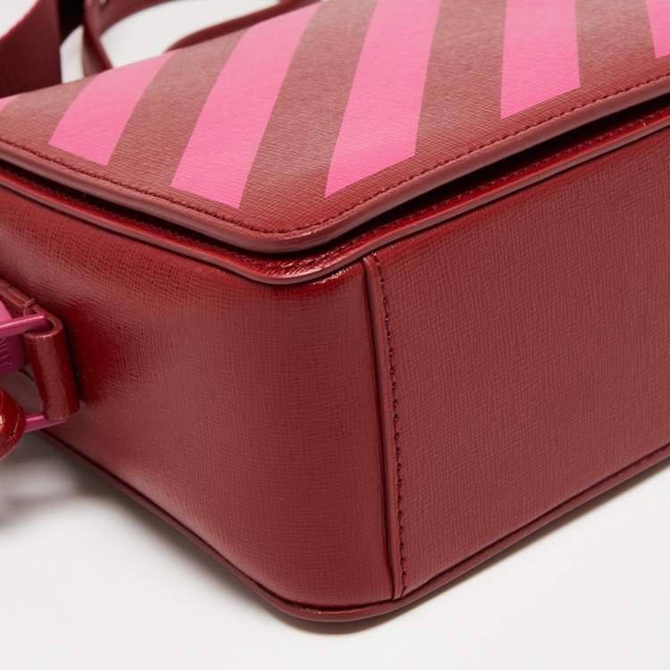 Pre Owned Off-White Red/Pink Diagonal Striped Leather Flap Crossbody Bag