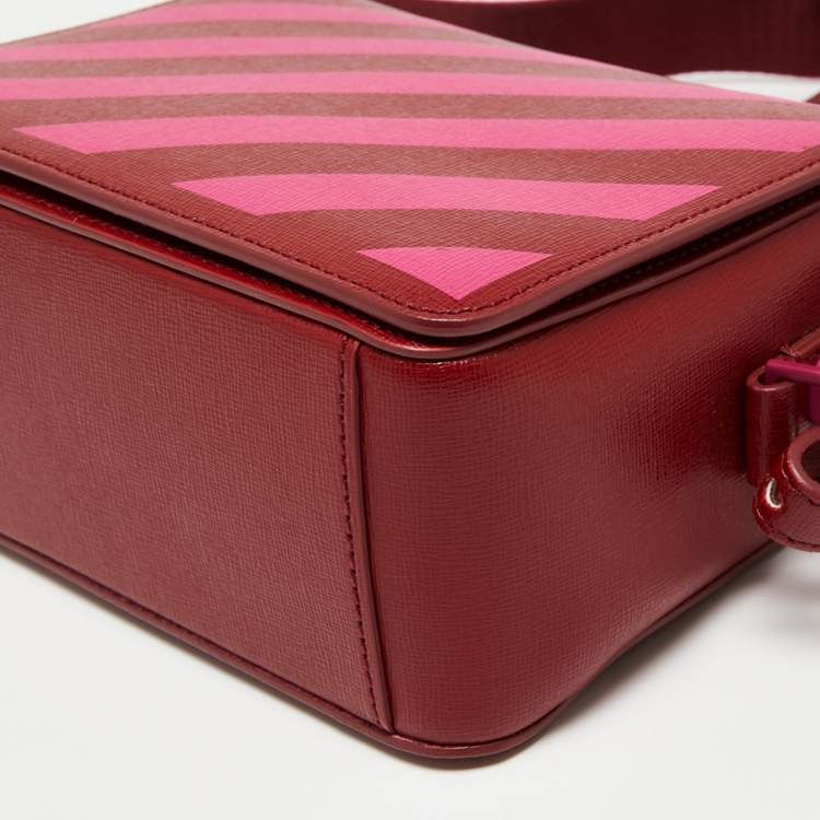 Pre Owned Off-White Red/Pink Diagonal Striped Leather Flap Crossbody Bag