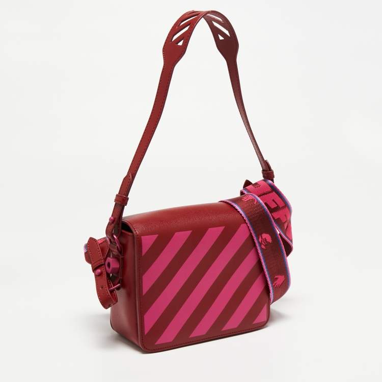 Pre Owned Off-White Red/Pink Diagonal Striped Leather Flap Crossbody Bag