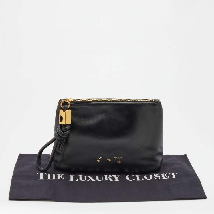 Pre Owned Off-White Black Leather Off Hands Zipped 25 Pouch