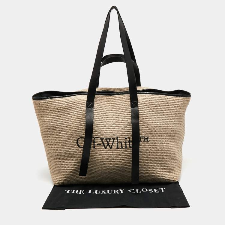 Pre Owned Off-White Beige/Black Raffia and Leather Commercial Tote