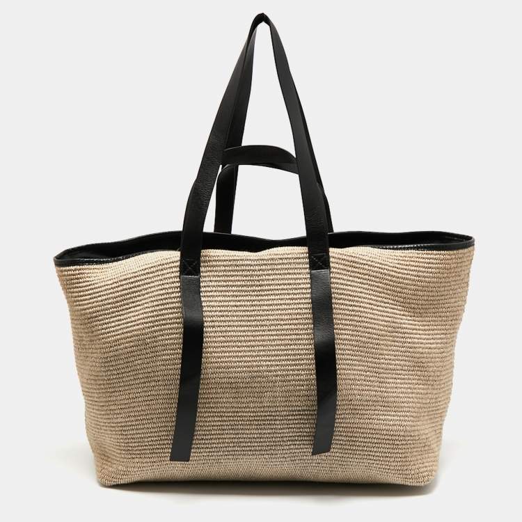 Pre Owned Off-White Beige/Black Raffia and Leather Commercial Tote