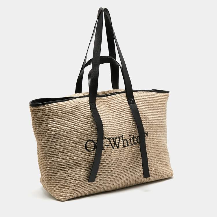 Pre Owned Off-White Beige/Black Raffia and Leather Commercial Tote