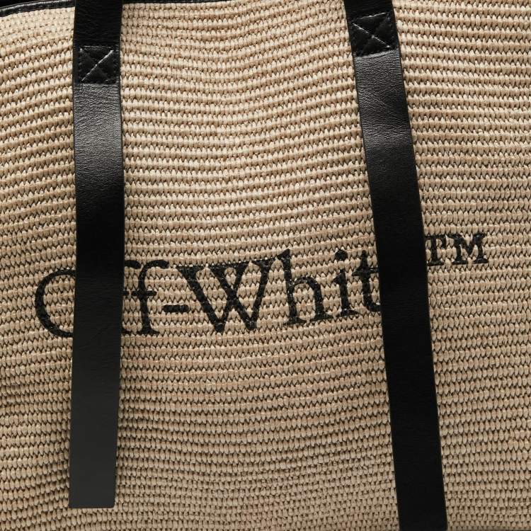 Pre Owned Off-White Beige/Black Raffia and Leather Commercial Tote
