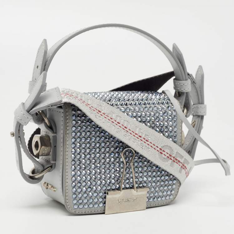 Pre Owned Off-White Ash Grey Crystal Embellishment Suede and Leather Baby Binder Flap Bag