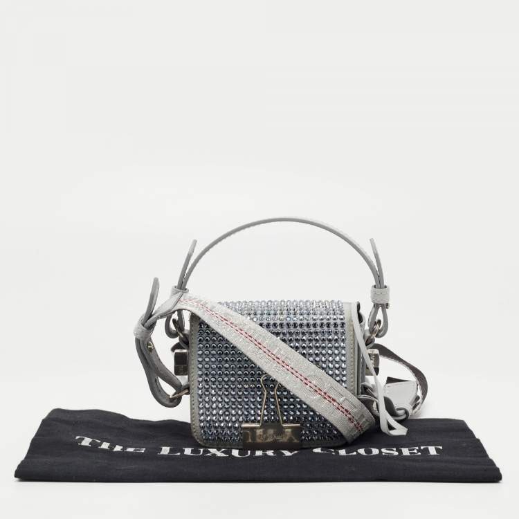 Pre Owned Off-White Ash Grey Crystal Embellishment Suede and Leather Baby Binder Flap Bag