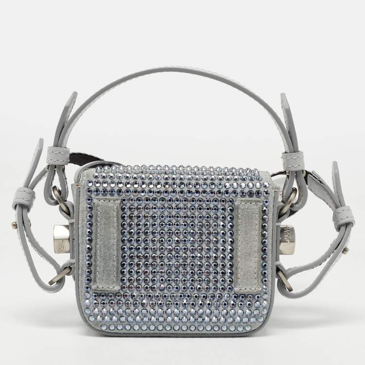 Pre Owned Off-White Ash Grey Crystal Embellishment Suede and Leather Baby Binder Flap Bag