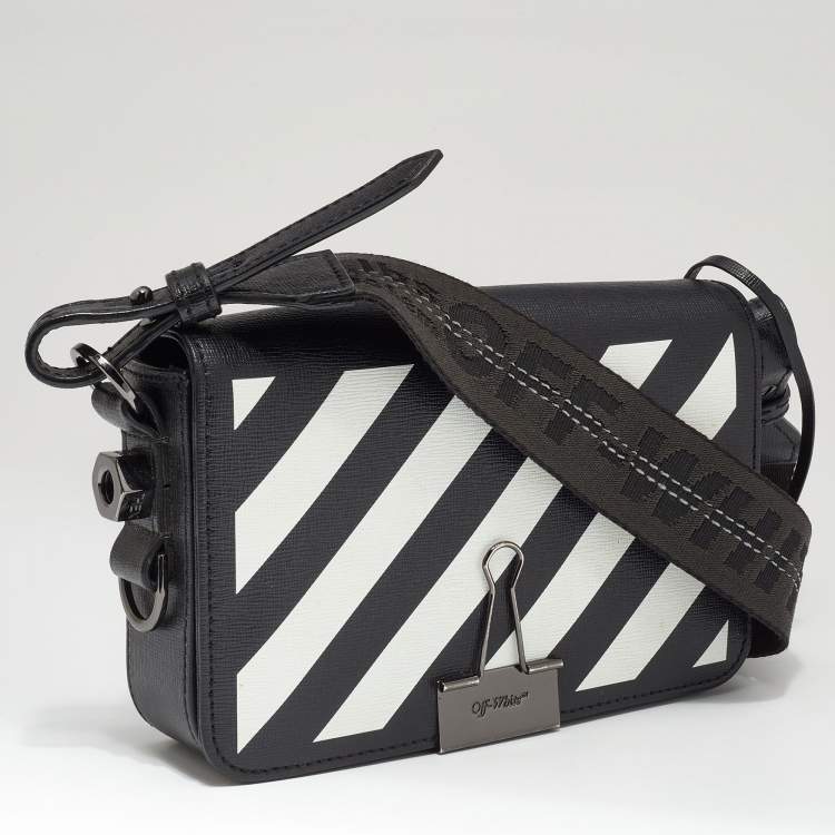 Pre Owned Off-White Black/White Diagonal Print Leather Mini Binder Clip Crossbody Bag