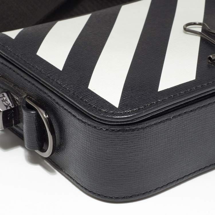 Pre Owned Off-White Black/White Diagonal Print Leather Mini Binder Clip Crossbody Bag