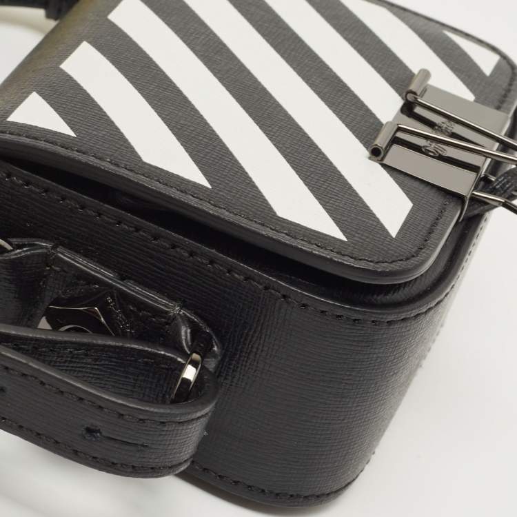 Pre Owned Off-White Black/White Diagonal Striped Leather Baby Flap Crossbody Bag