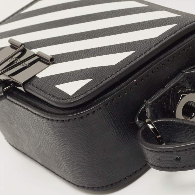 Pre Owned Off-White Black/White Diagonal Striped Leather Baby Flap Crossbody Bag