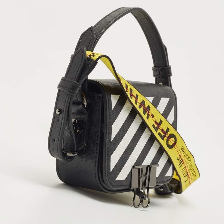 Pre Owned Off-White Black/White Diagonal Striped Leather Baby Flap Crossbody Bag