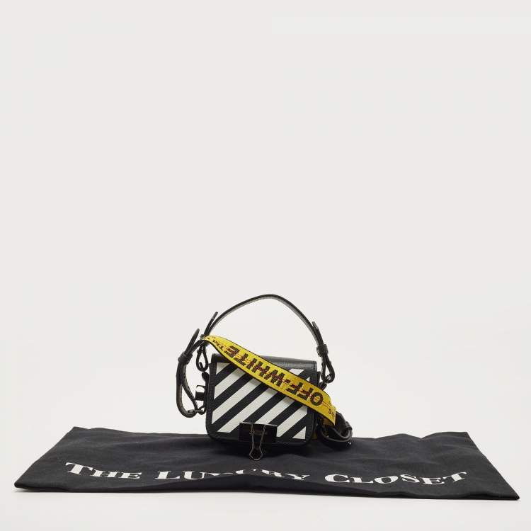 Pre Owned Off-White Black/White Diagonal Striped Leather Baby Flap Crossbody Bag
