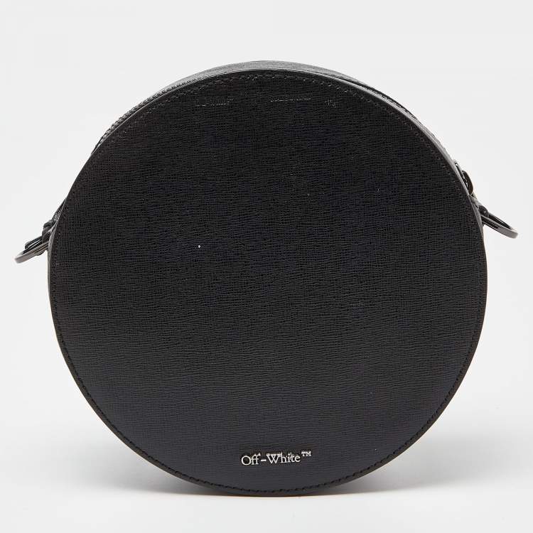 Pre Owned Off-White Black/White Diagonal Striped Leather Round Crossbody Bag