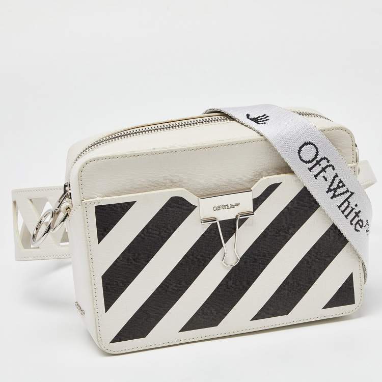 Pre Owned Off-White Black/White Diagonal Print Leather Covertible Belt Crossbody Bag
