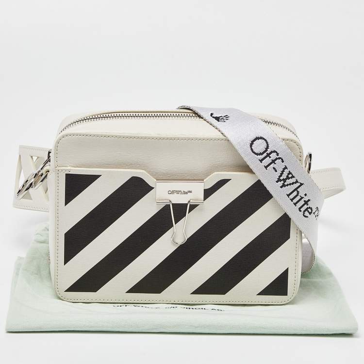 Pre Owned Off-White Black/White Diagonal Print Leather Covertible Belt Crossbody Bag