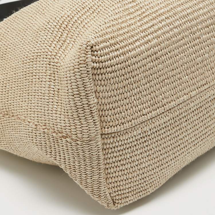 Pre Owned Off-White Beige/Black Straw and Leather Logo Print Commercial Tote