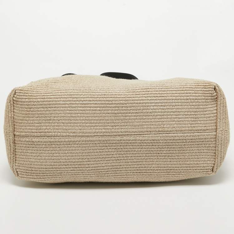 Pre Owned Off-White Beige/Black Straw and Leather Logo Print Commercial Tote