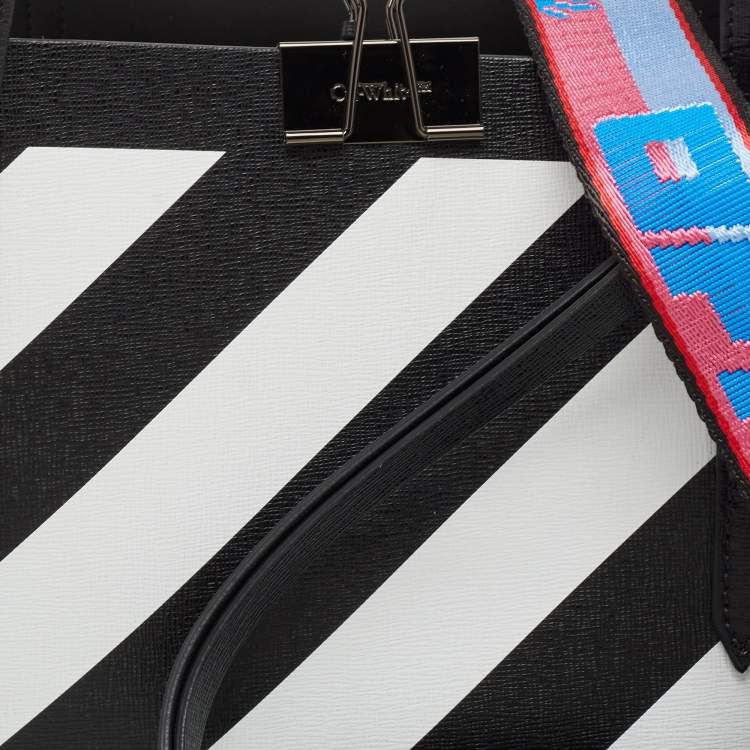 Pre Owned Off-White Black/White Diagonal Print Leather Binder Tote